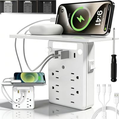 2026 Upgraded Multi-Functional Power Strip with Panel, 9 in 1 Wall Outlet Extender with Shelf, Bathroom Outlet Extender with 2 USB Ports (2A+1C) and 6 AC Outlets (1PC)