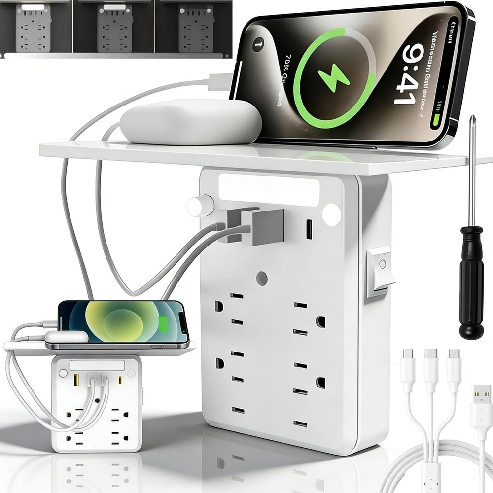 2026 Upgraded Multi-Functional Power Strip with Panel, 9 in 1 Wall Outlet Extender with Shelf, Bathroom Outlet Extender with 2 USB Ports (2A+1C) and 6 AC Outlets (1PC)