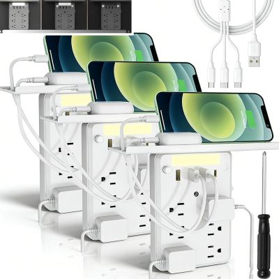 2026 Upgraded Multi-Functional Power Strip with Panel, 9 in 1 Wall Outlet Extender with Shelf, Bathroom Outlet Extender with 2 USB Ports (2A+1C) and 6 AC Outlets (3PCS)
