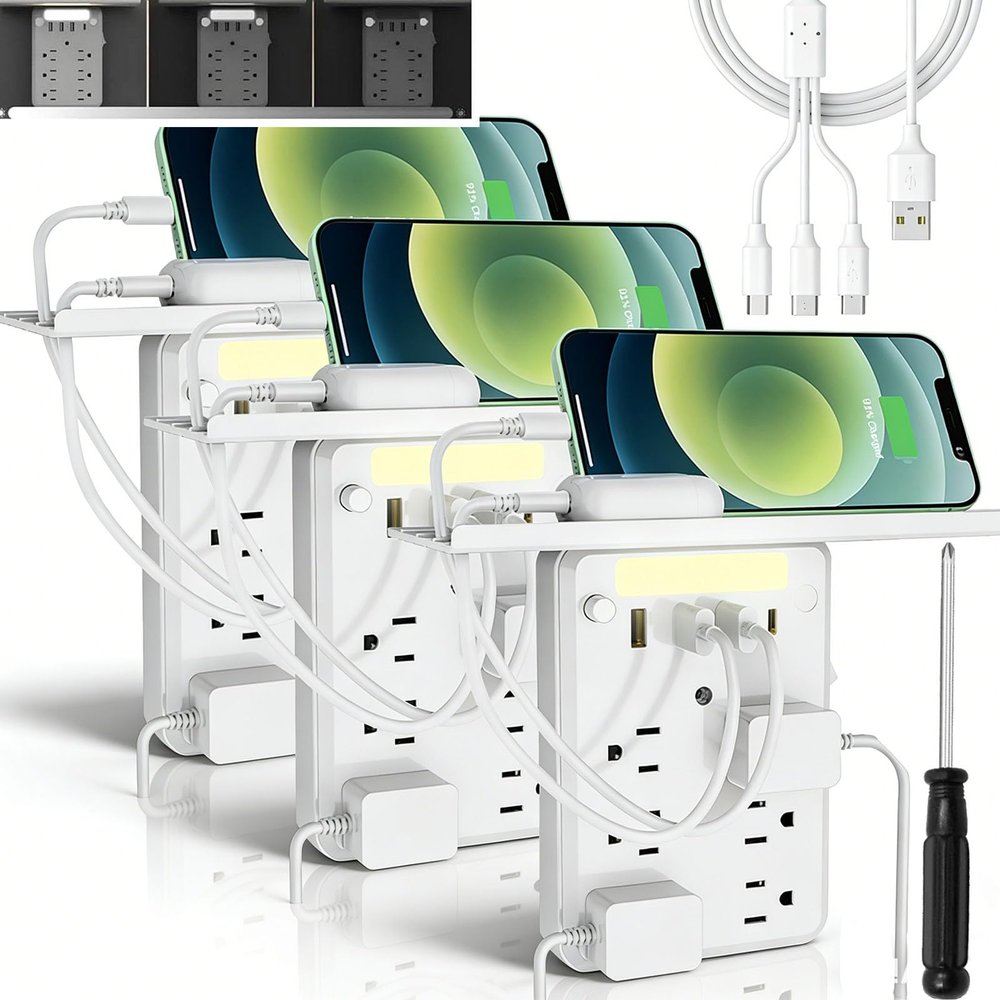 2026 Upgraded Multi-Functional Power Strip with Panel, 9 in 1 Wall Outlet Extender with Shelf, Bathroom Outlet Extender with 2 USB Ports (2A+1C) and 6 AC Outlets (3PCS)