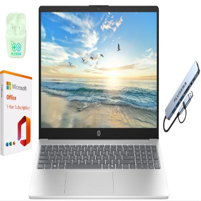 HP 15.6" Business Laptop with Microsoft Office 365, 1.1TB Storage (128GB UFS + 1TB OneDrive), 8GB RAM, Quad-Cores Intel Processor, Windows 11, PLUSERA Earphones & 8-in-1 Hub Included, Natural Silver