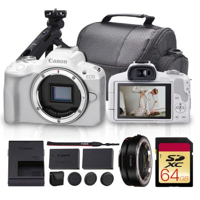 Canon EOS R50 Mirrorless Camera (White) Bundle | 24.2MP APS-C Sensor, Dual Pixel CMOS AF II & 4K Video Recording | Great for Travel & Content (5812C002) + HG-100TBR Tripod + Adapter EF-EOS R + More