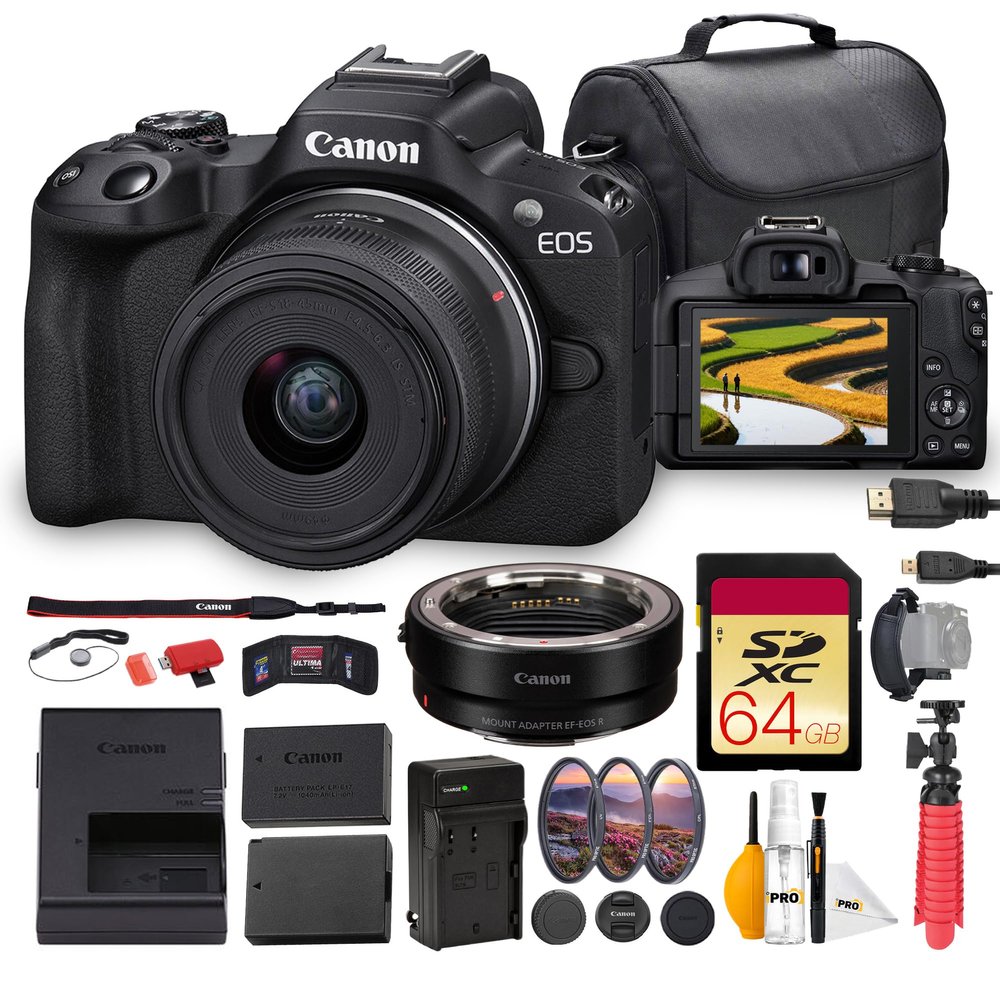 Canon EOS R50 Mirrorless Camera with 18-45mm Lens Bundle | 24.2MP APS-C Sensor, Dual Pixel CMOS AF II & 4K Video | Great for Beginners & Travel (5811C012) + Adapter EF-EOS R + 64GB Card + More