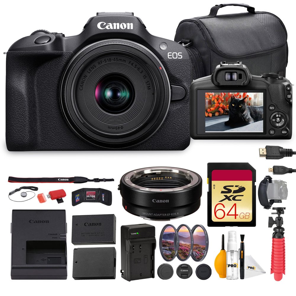 Canon EOS R100 Mirrorless Camera with 18-45mm Lens Bundle | 24.2MP APS-C Sensor, Dual Pixel AF & 4K Video | for Beginners & Family Photography (6052C012) + Adapter EF-EOS R + 64GB Card + More