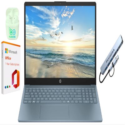 HP 15.6" Business Laptop with Microsoft Office 365 with Copliot AI, 8GB RAM 128GB SSD, Quad-Cores Intel Processor, Windows 11, PLUSERA Earphones & 8-in-1 Hub Included, Moonlight Blue