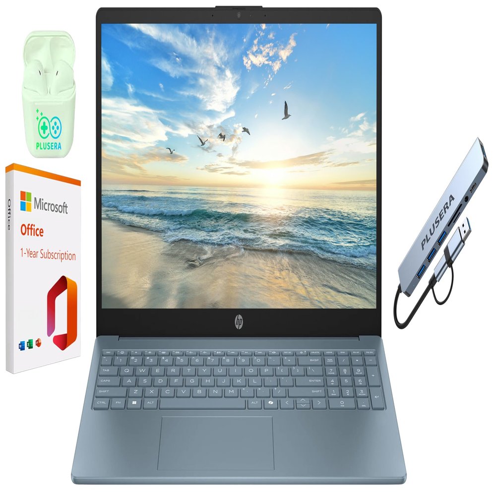 HP 15.6" Business Laptop with Microsoft Office 365 with Copliot AI, 8GB RAM 128GB SSD, Quad-Cores Intel Processor, Windows 11, PLUSERA Earphones & 8-in-1 Hub Included, Moonlight Blue