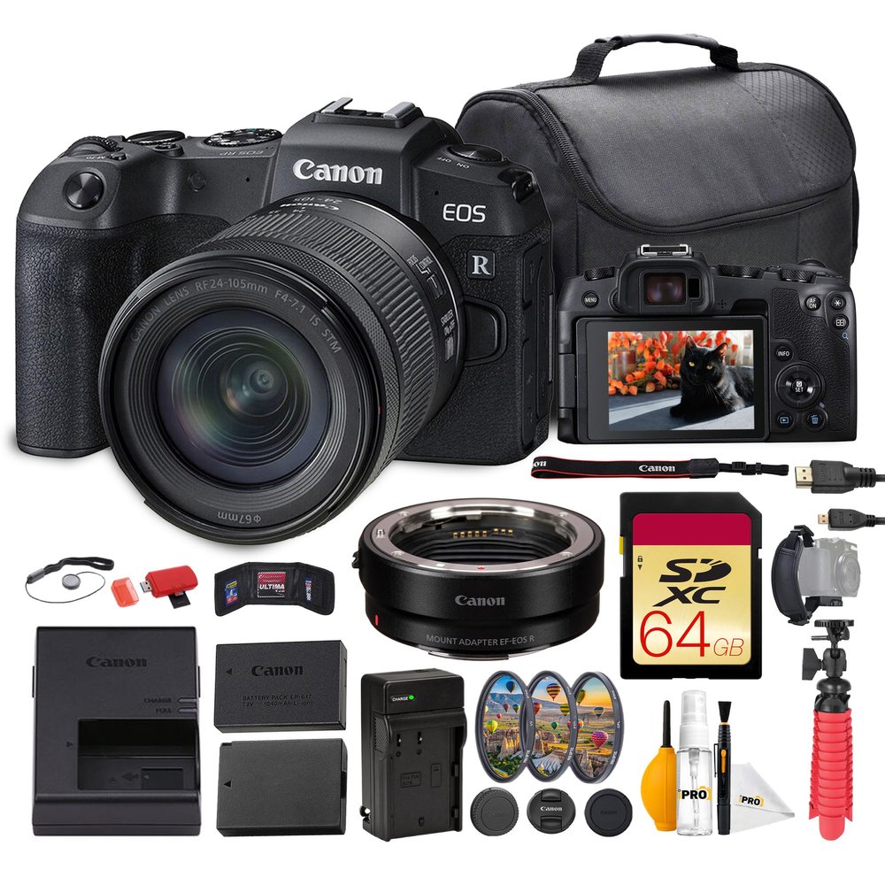 Canon EOS RP Mirrorless Camera with 24-105mm f/4-7.1 is STM Lens Bundle | 26.2MP Full-Frame Sensor, Dual Pixel AF & 4K Video| for Travel & Family Photography + Adapter EF-EOS R + 64GB Card + More