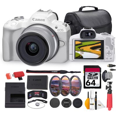 Canon EOS R50 Mirrorless Camera with 18-45mm Lens Bundle | 24.2MP APS-C Sensor, Dual Pixel CMOS AF II & 4K Video | Great for Beginners & Everyday Photography (5812C012) + 64GB Card + Bag + More