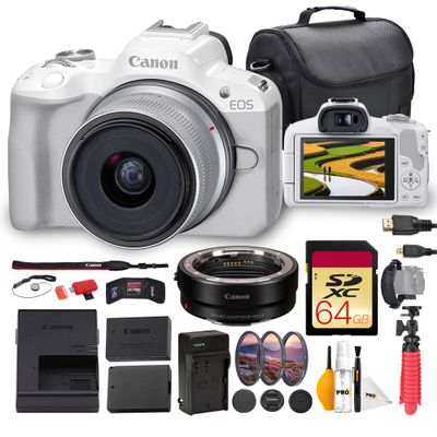 Canon EOS R50 Mirrorless Camera with 18-45mm Lens Bundle | 24.2MP APS-C Sensor, Dual Pixel CMOS AF II & 4K Video | Great for Beginners & Travel (5812C012) + Adapter EF-EOS R + 64GB Card + More