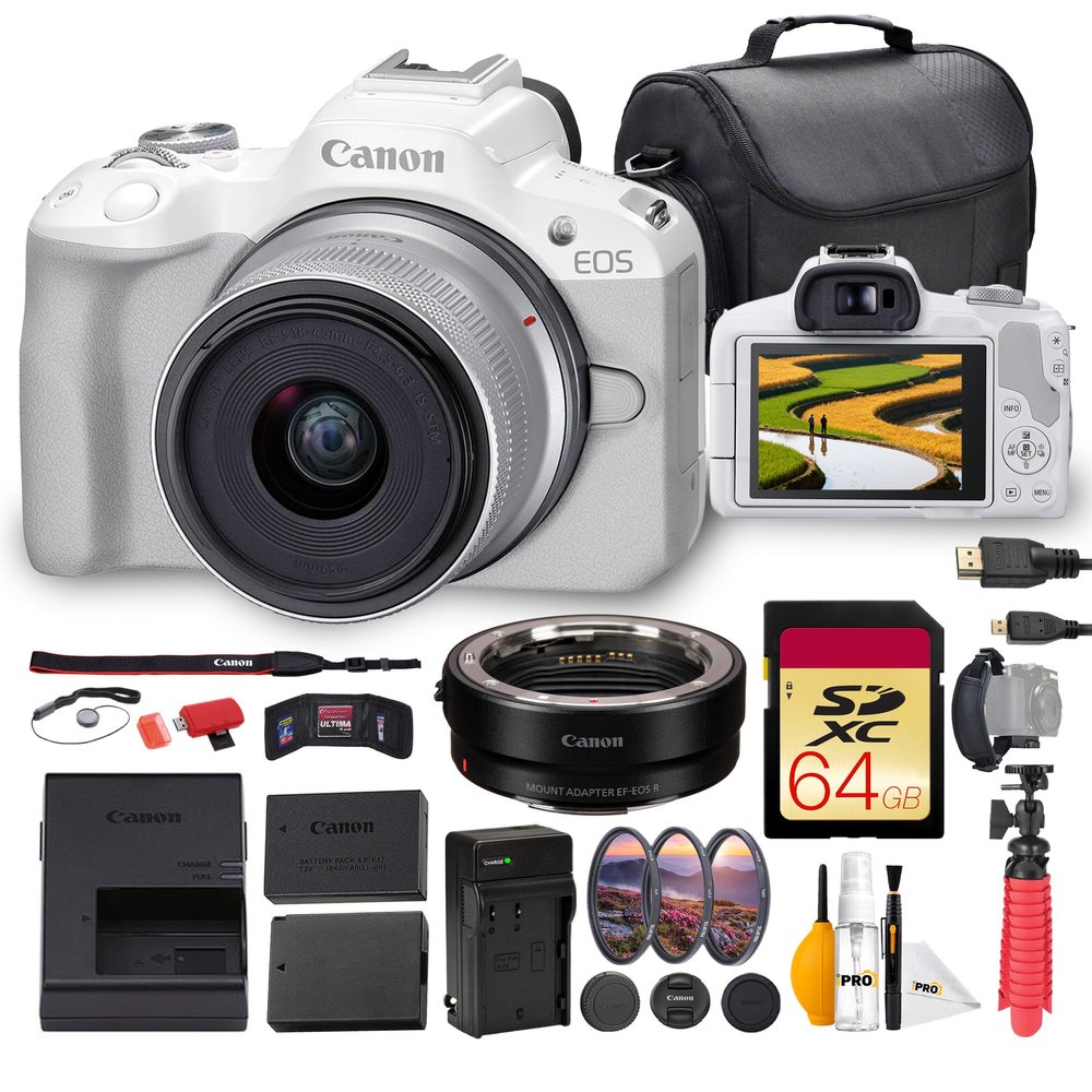 Canon EOS R50 Mirrorless Camera with 18-45mm Lens Bundle | 24.2MP APS-C Sensor, Dual Pixel CMOS AF II & 4K Video | Great for Beginners & Travel (5812C012) + Adapter EF-EOS R + 64GB Card + More