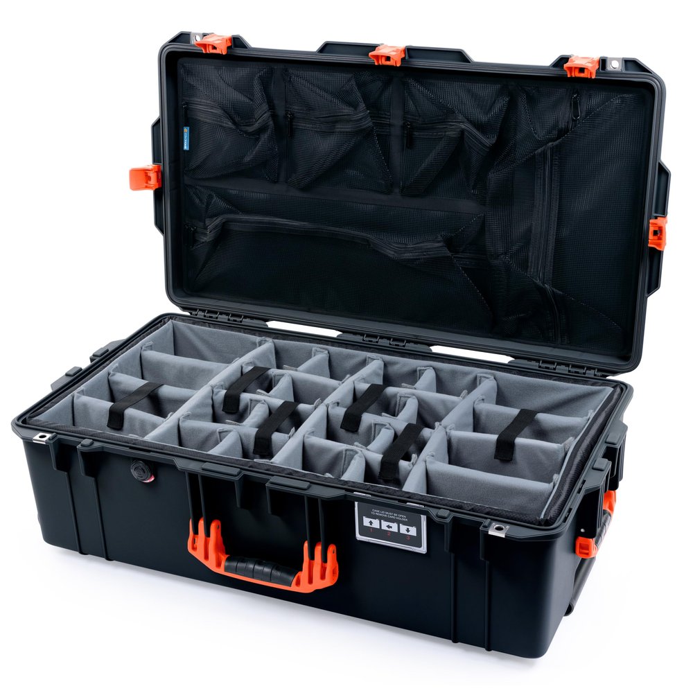 Black Pelican 1615 Air case with Orange Handles & latches. Comes with grey Padded dividers & mesh lid organizer.