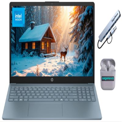 HP 15.6" Business Laptop Computer, 8GB RAM 1.1TB Storage (128GB UFS + 1TB OneDrive), Windows 11, Intel N200, 1-Year Microsoft Office 365, SageNova Earphones & Docking Station, Moonlight Blue