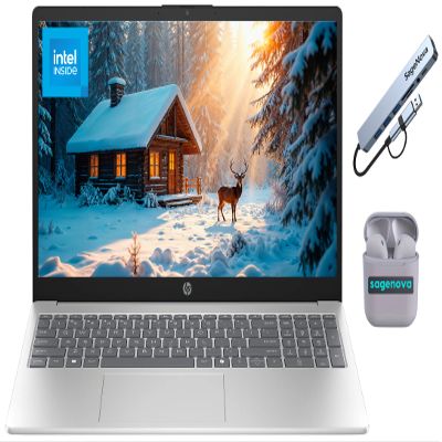 HP 15.6" Business Laptop Computer with Microsoft 365, 8GB RAM 128GB SSD, Windows 11, Intel N200, SageNova Earphones & Docking Station, Natural Silver