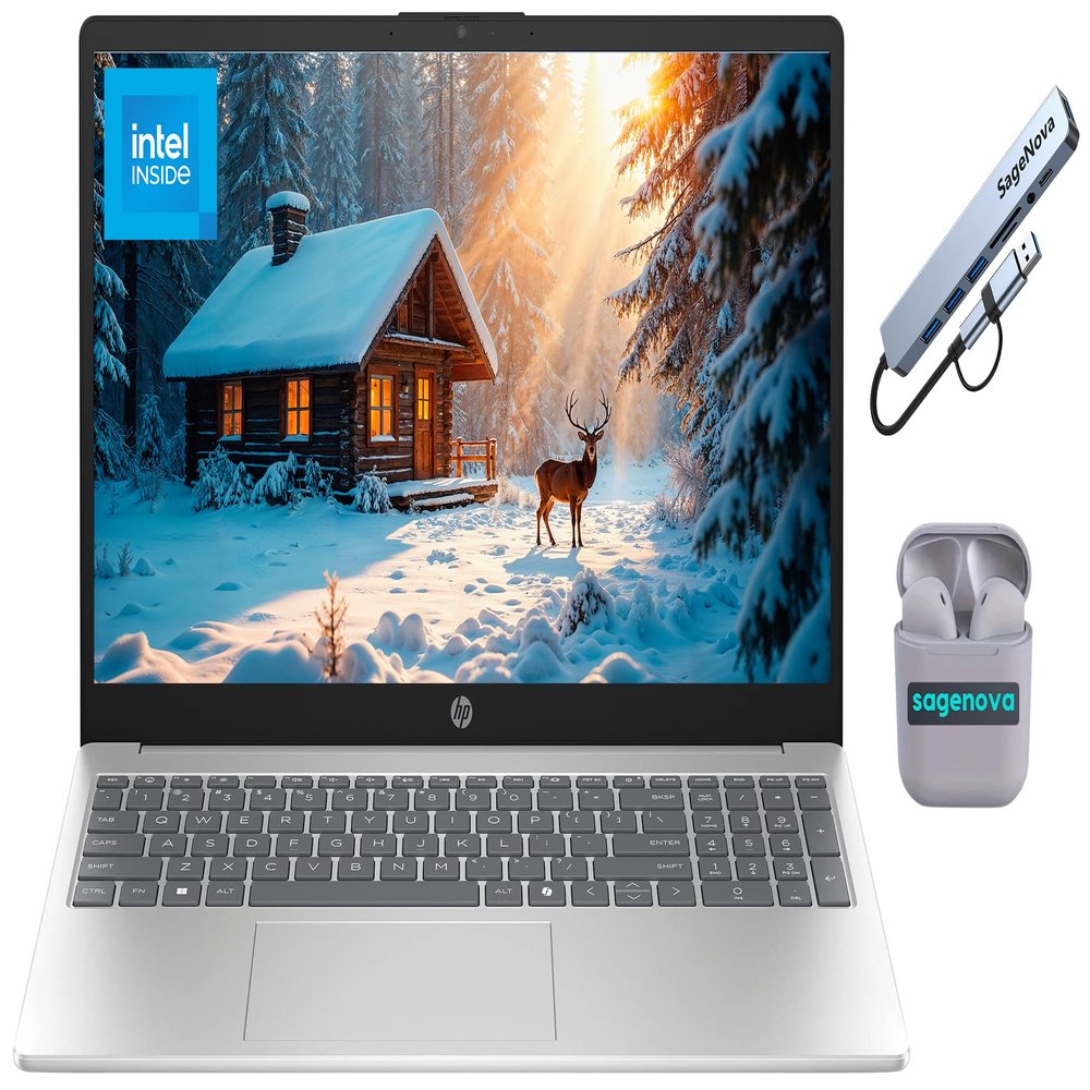HP 15.6" Business Laptop Computer with Microsoft 365, 8GB RAM 128GB SSD, Windows 11, Intel N200, SageNova Earphones & Docking Station, Natural Silver