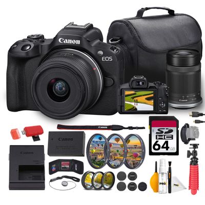 Canon EOS R50 Mirrorless Camera with 18-45mm & 55-210mm Lenses Bundle | 24.2MP APS-C Sensor, Dual Pixel CMOS AF II & 4K Video | Great for Beginners & Travel (5811C022) + 64GB Card + Bag + More