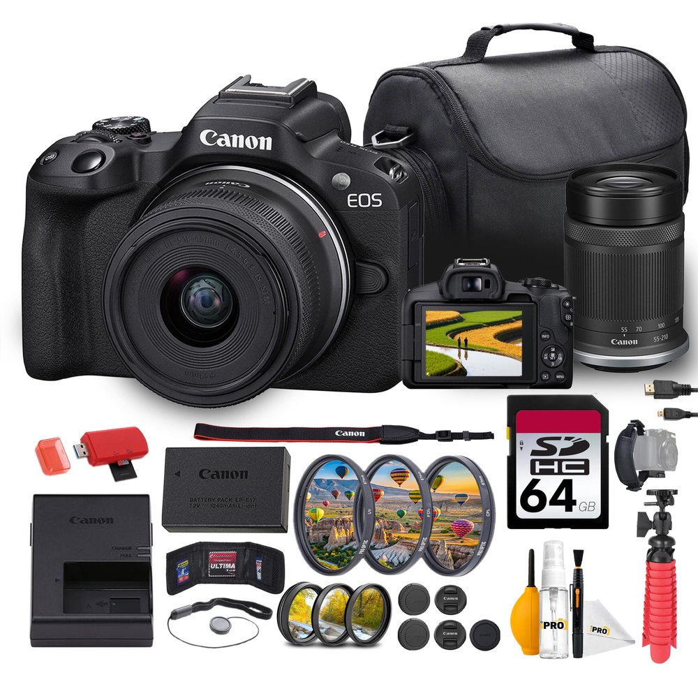 Canon EOS R50 Mirrorless Camera with 18-45mm & 55-210mm Lenses Bundle | 24.2MP APS-C Sensor, Dual Pixel CMOS AF II & 4K Video | Great for Beginners & Travel (5811C022) + 64GB Card + Bag + More