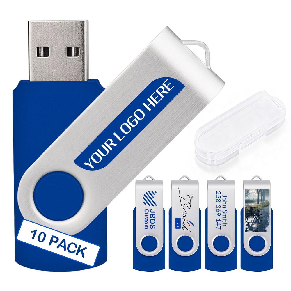 10 Pack Custom USB Flash Drives 4GB USB 2.0,Bulk Personalized Thumb Drives with Logo for Business, Events, Text or Image Printing, JBOS Customized Memory Sticks-Royal Blue