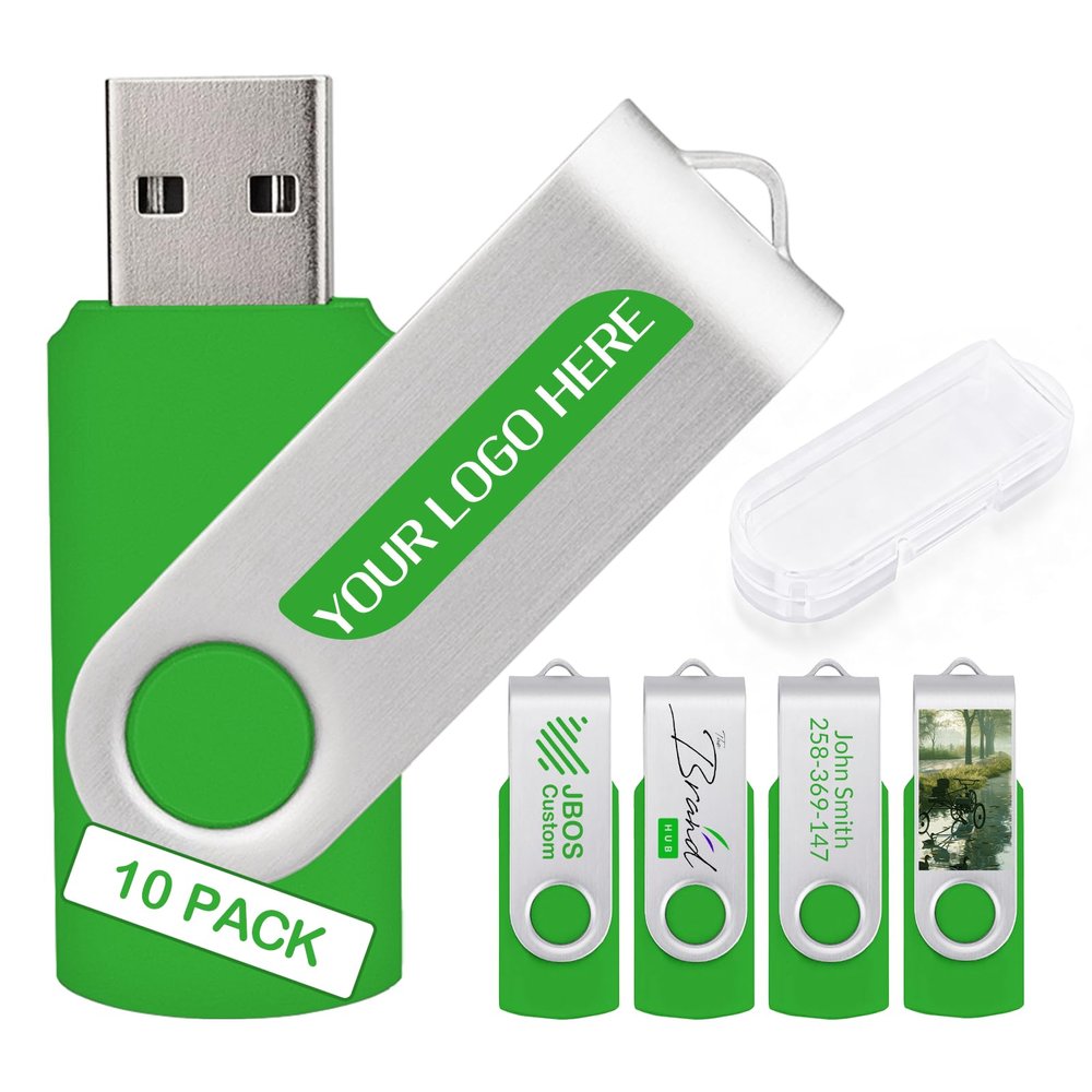 10 Pack Custom USB Flash Drives 32GB USB 2.0,Bulk Personalized Thumb Drives with Logo for Business, Events, Text or Image Printing, JBOS Customized Memory Sticks-Green