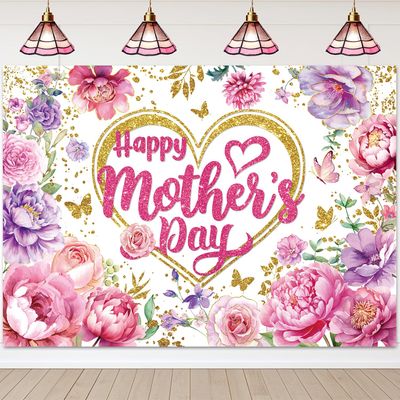 Happy Mother's Day Backdrop 10x8FT Gold Heart and Pink Flowers Mothers Day Photography Background Best Mom Ever Banner Decoratios Supplies Photo Props