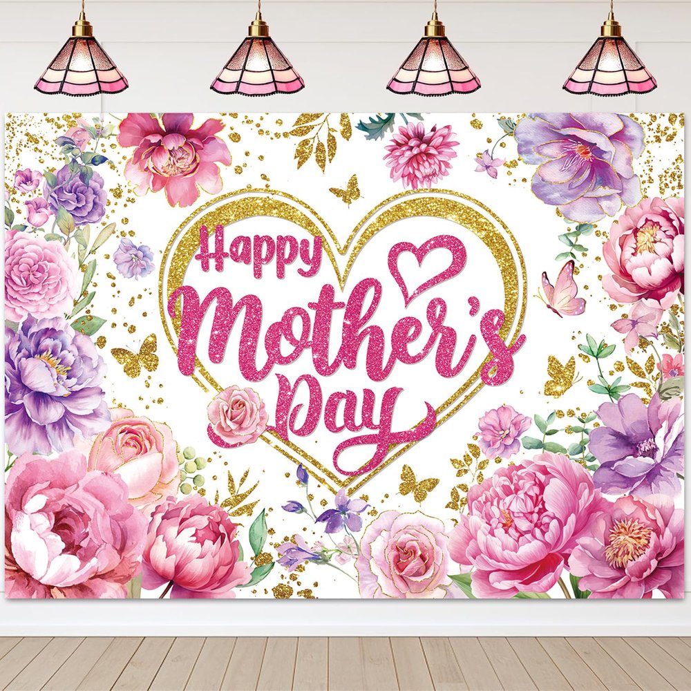 Happy Mother's Day Backdrop 10x8FT Gold Heart and Pink Flowers Mothers Day Photography Background Best Mom Ever Banner Decoratios Supplies Photo Props
