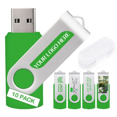 10 Pack Custom USB Flash Drives 1GB USB 2.0,Bulk Personalized Thumb Drives with Logo for Business, Events, Text or Image Printing, JBOS Customized Memory Sticks-Green