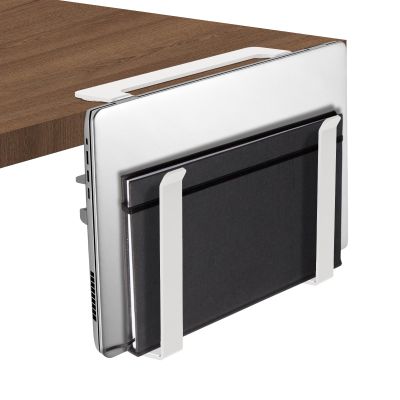 Mimoyalaso Adjustable Side Laptop Mount No Drill Desk Storage Organizer Metal Hanging Notebook Holder Punch Clamp for Laptop Document with Scratch Silicone
