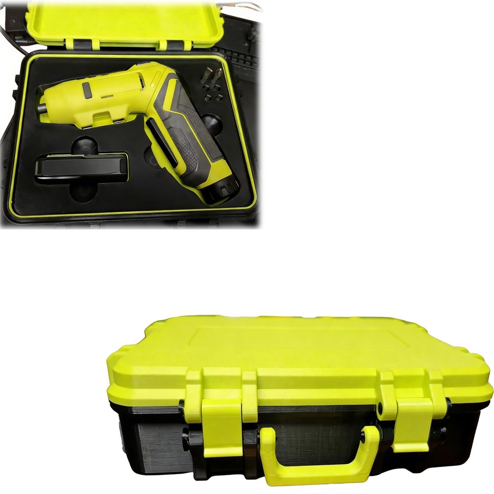 Compact custom storage case for Ryobi USB lithium batteries with Gridfinity dock insert, compatible with FVD50, FVM51, FVH56 and other accessories.