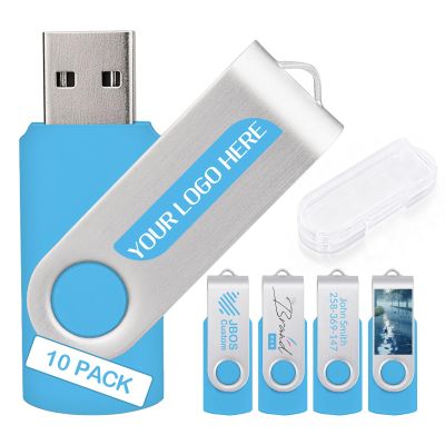 10 Pack Custom USB Flash Drives 1GB USB 2.0,Bulk Personalized Thumb Drives with Logo for Business, Events, Text or Image Printing, JBOS Customized Memory Sticks-Sky Blue