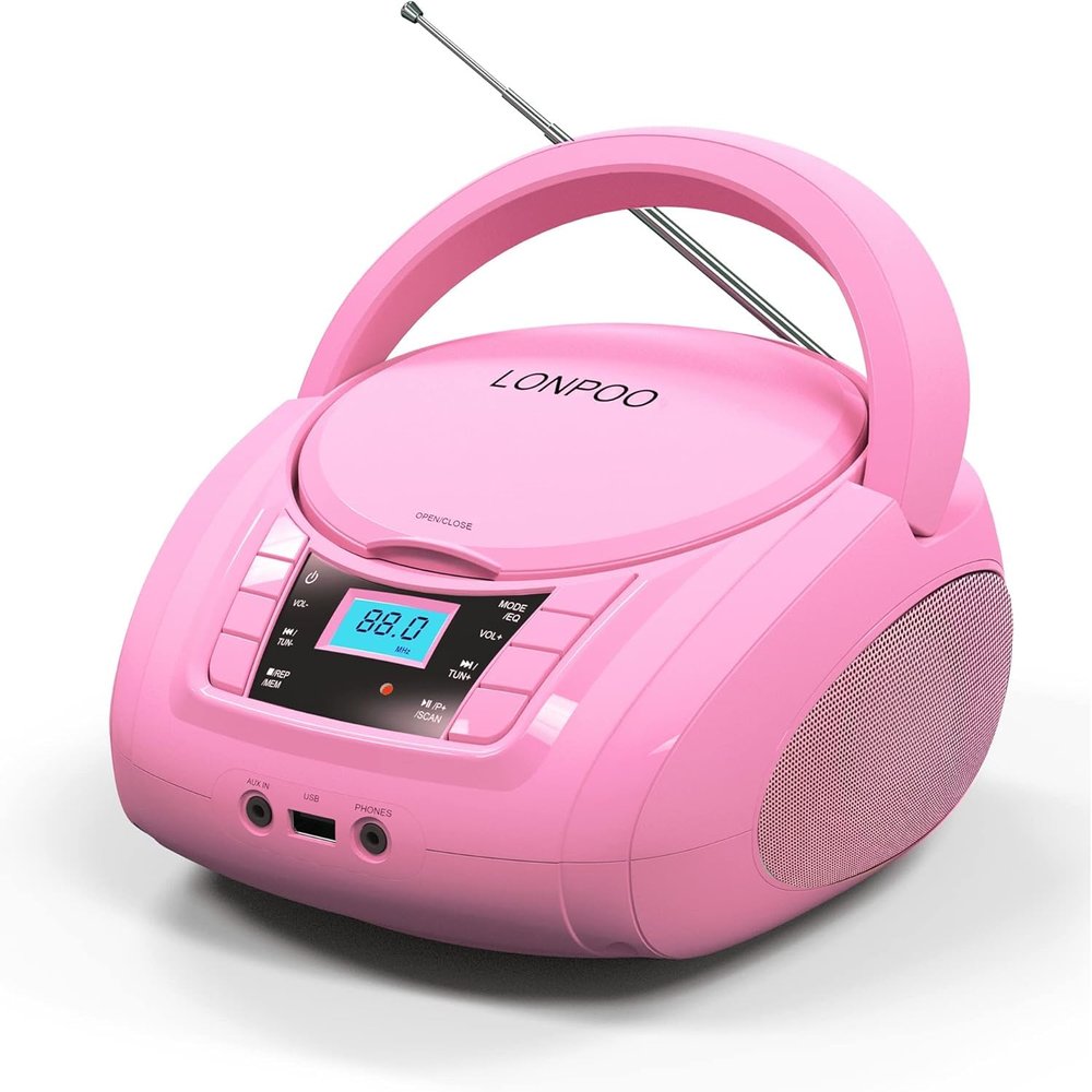 LONPOO CD Player Portable Boombox with FM Radio/USB/Bluetooth/AUX Input and Earphone Jack Output, Stereo Sound Speaker & Audio Player,Pink