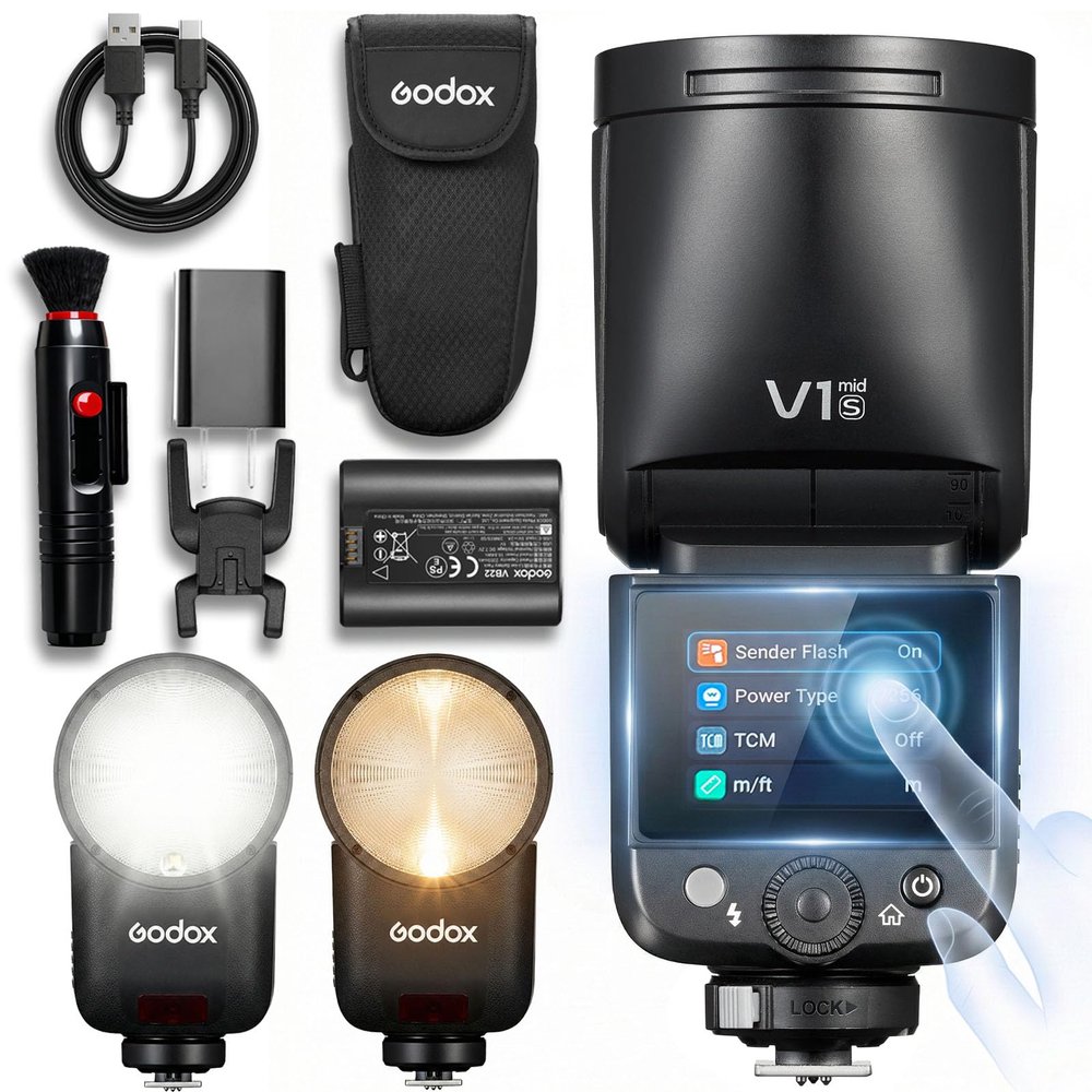 Godox V1 MID S Flash for Sony,55W Round Head Speedlite Touchscreen,Upgrade 24mm,650+Full Power Pops,1.7s Recycle, TTL/HSS 1/8000s V1MID Lightweight Travel Flash for A7C II A6700 A7IV ZV-E1 Fits AK-R1