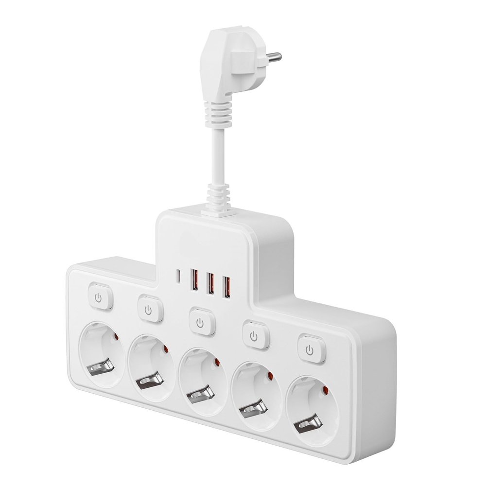 EU AC Plug Power Strip with Independent Switch and USB-C Charging Adapter - Wall Mounted Network Filter Socket(EU Plug White)