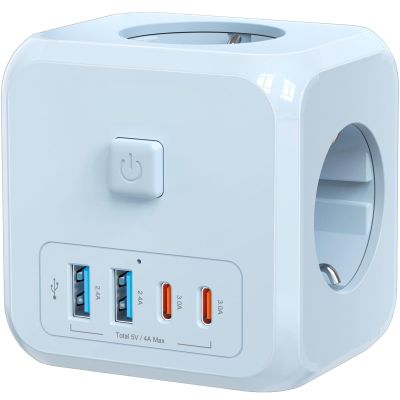 7-in-1 Multi USB Wall Socket Cube with 3 AC Outlets, USB-A and Type C, EU Plug Power Strip with On/Off Switch for Office(Blue 3AC 2U2C)
