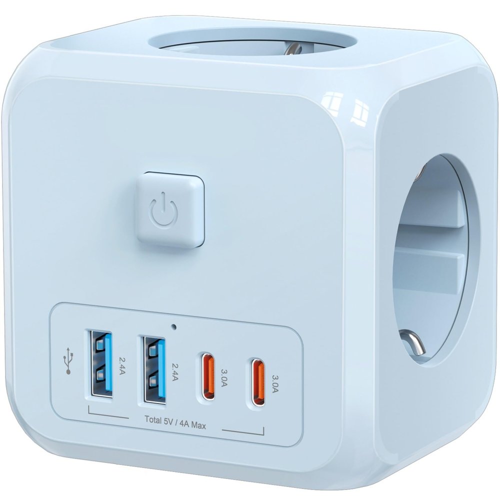 7-in-1 Multi USB Wall Socket Cube with 3 AC Outlets, USB-A and Type C, EU Plug Power Strip with On/Off Switch for Office(Blue 3AC 2U2C)