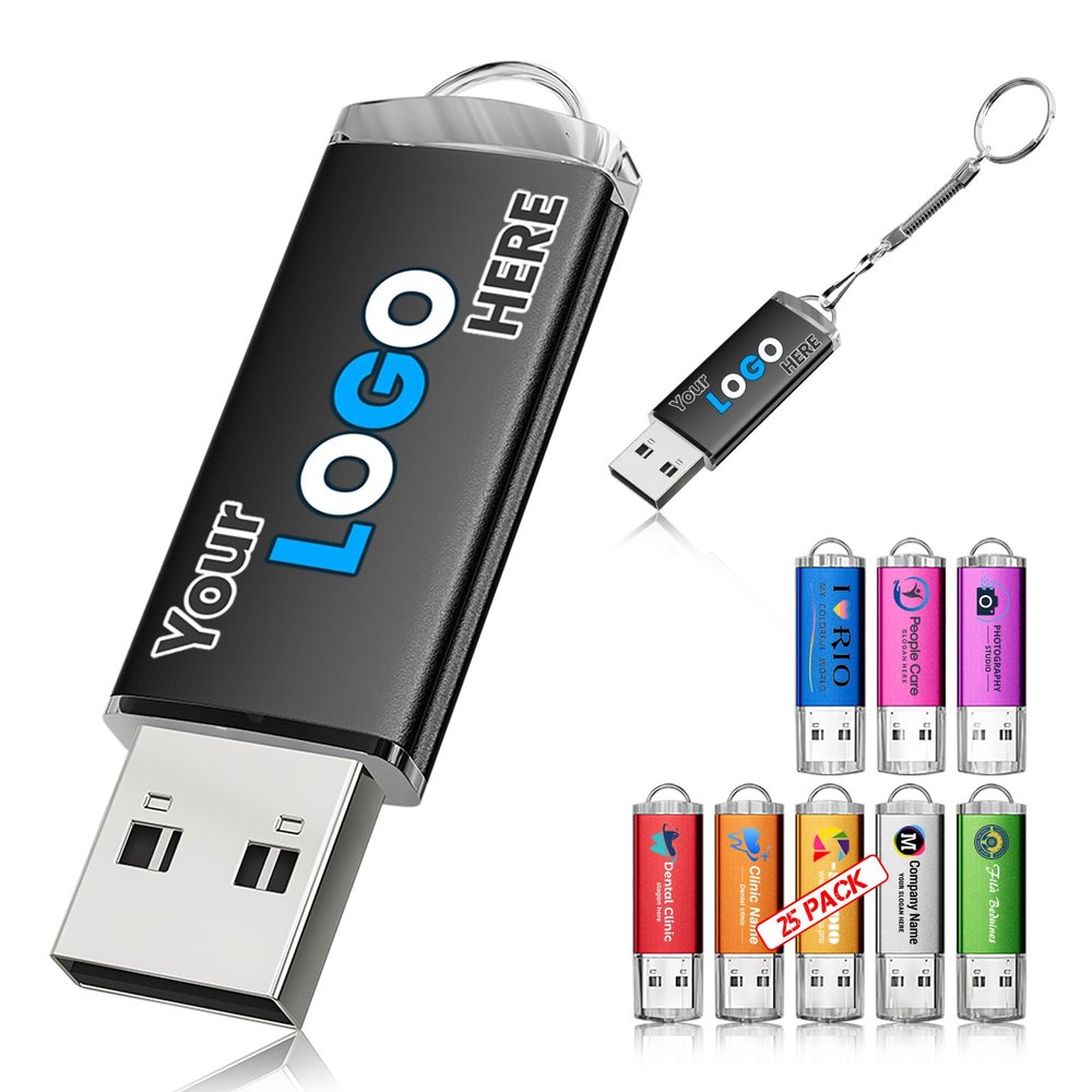 2GB 25Pcs Custom Personalized USB 2.0 Flash Drive Bulk, Customized Thumb Drives with LED Indicator, Engraved/Printed Your Logo & Text on Double-Sided for Government/School/Company Ads/Photography