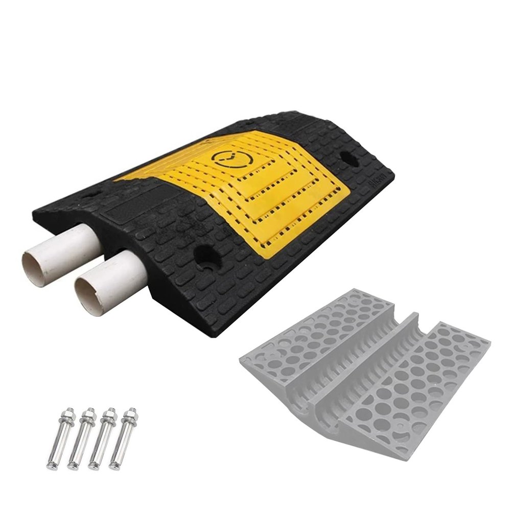 2 Channel Speed Bump, Driveway Hose Protector, Rubber and Plastics, 44000 lbs Capacity, Outdoor Cord Protector, with 4 Bolts(50x35x7cm/19.7x14x2.7in)