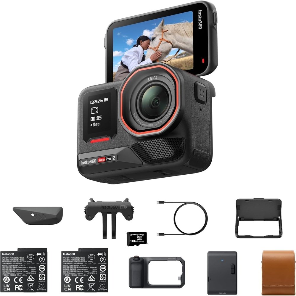 Insta360 Ace Pro 2 Flash Print Bundle with 128GB SD Card - 8K Waterproof Action Camera Co-Engineered with 1/1.3" Sensor, Dual AI Chip, Low Light, Xplorer Grip Pro Kit Street Content Photography