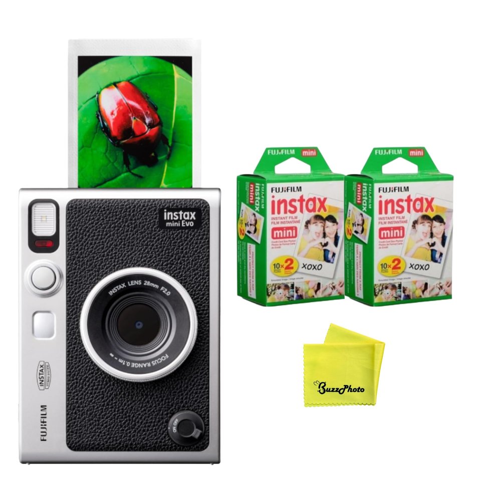 Fujifilm Instax Mini EVO Instant Camera (Black) w/BuzzPhoto Microfiber Cleaning Cloth and 2 Twin Packs Mini Instant Film