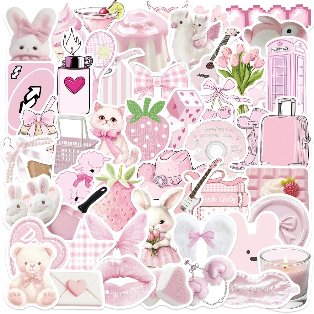 50 Pcs Cartoon Pink Gentle Aesthetic Stickers for Decorating Guitar Notebook Luggage DIY Waterproof Girls Sticker Pack