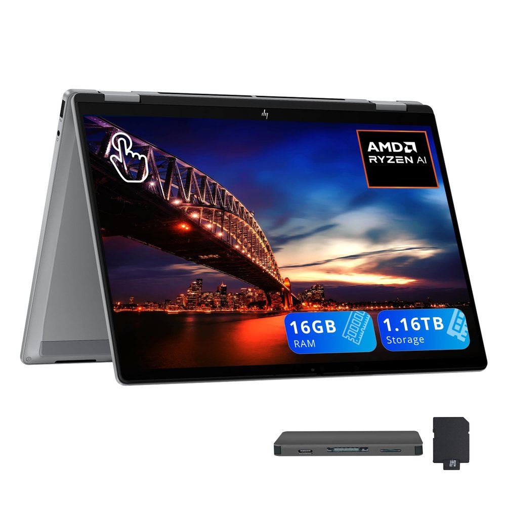 HP OmniBook X Flip 2-in-1 Laptop, 14" 2K Touchscreen Display, AMD Ryzen AI 5 340, 16GB RAM, 1.16TB Storage (1TB SSD+160GB Docking Station Set), Backlit Keyboard, Copilot+ PC, Win 11, Silver