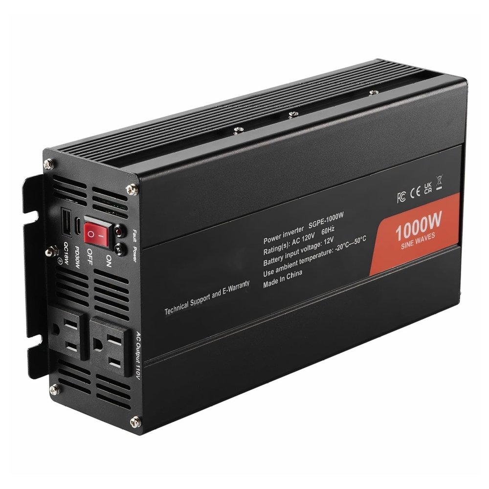 1000W Pure Sine Inverter, 12V to 120V Power Converter with 2 Outlets & USB-C, Control, for Smartphones, Laptops, Camping & Home Bkup