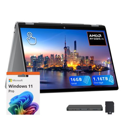 HP OmniBook X Flip 2-in-1 Laptop, 14" 2K Touchscreen Display, AMD Ryzen AI 5 340, 16GB RAM, 1.16TB Storage (1TB SSD+160GB Docking Station Set), Backlit Keyboard, Wi-Fi 6E, Win 11 Pro, Silver
