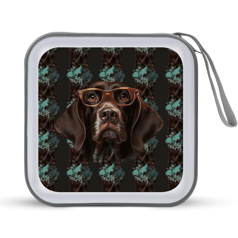 German Shorthaired Pointer in Glasses CD Case Holder Hard Plastic DVD Disc Storage Case Holder DVDs Wallet Holders with Zipper Disc Cases Storage Binder CD/DVD Case Wallet for Car Home Office Travel