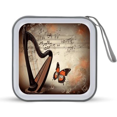 Music Background with Harp And Butterfly CD Case Holder Hard Plastic DVD Disc Storage Case Holder DVDs Wallet Holders with Zipper Disc Cases Storage Binder CD/DVD Case Wallet for Car Home Office Trave