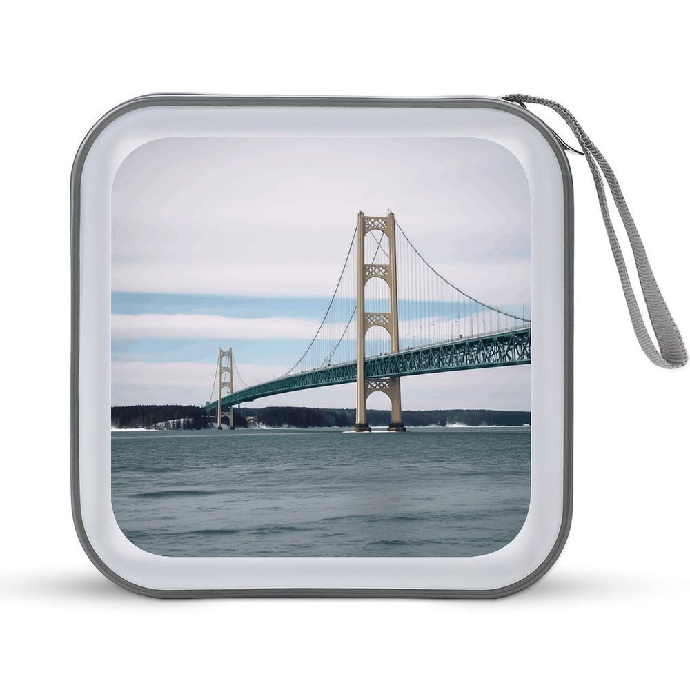 RLDOBOFE Mackinac Suspension Bridge CD Case Holder Hard Plastic DVD Disc Storage Case Holder DVDs Wallet Holders with Zipper Disc Cases Storage Binder CD/DVD Case Wallet for Car Home Office Travel