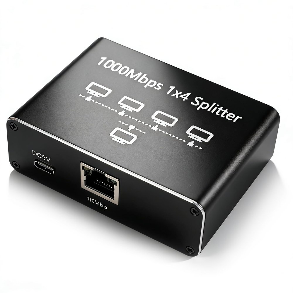 EBTOOLS Gigabit Ethernet Splitter 1 to 4, 1000Mbps High Speed RJ45 Ethernet Switch with USB Power Cable, Network Hub Applicable to Cat5/5e/6/7/8 Cable