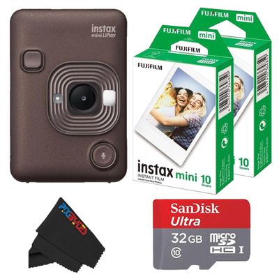 Fujifilm Mini LiPlay Hybrid Instant Camera with Mini Film, 32GB microSD Card, Charging Cable, Hand Strap and Pixibytes Microfiber Cleaning Cloth... (Deep Bronze + 20 Sheets)