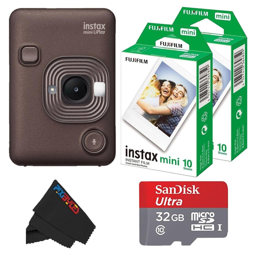 Fujifilm Mini LiPlay Hybrid Instant Camera with Mini Film, 32GB microSD Card, Charging Cable, Hand Strap and Pixibytes Microfiber Cleaning Cloth... (Deep Bronze + 20 Sheets)