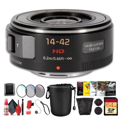 Panasonic Lumix G X Vario PZ 14-42mm f/3.5-5.6 Power O.I.S. Lens for Micro Four Thirds, Compact Pancake Zoom, 28-84mm Equivalent, Bundle with 64GB Memory Card + Cleaning Kit + More (9 Items)