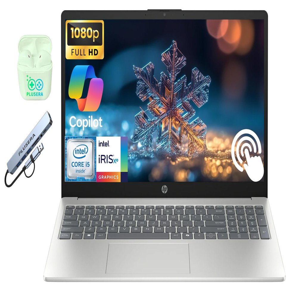 HP 15.6" FHD Touchscreen Business Laptop Computer, Intel 10-Core i5 Processor, Windows 11 Laptop 32GB RAM 1.5TB Storage (1TB SSD+512GB Docking Set), Numeric Keypad, PLUSERA Earphones, Natural Silver