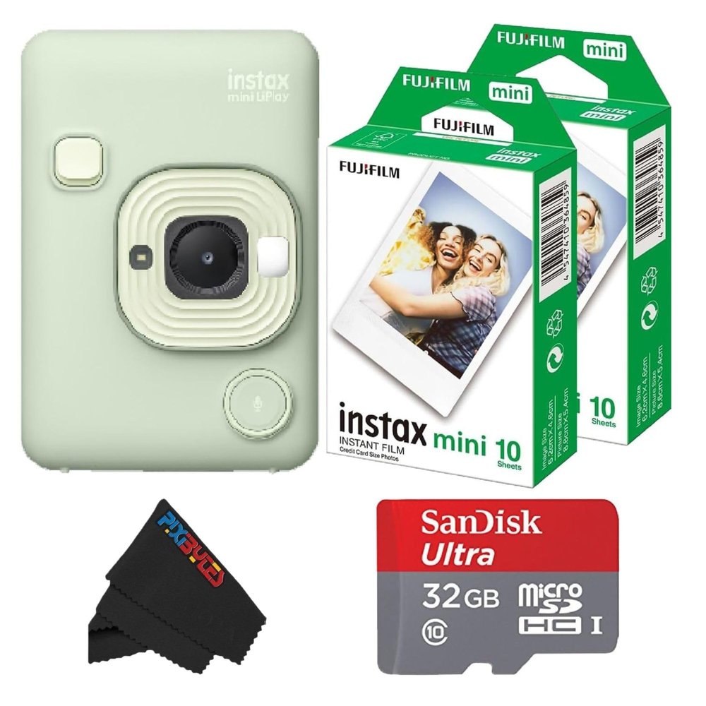 Fujifilm Mini LiPlay Hybrid Instant Camera with Mini Film, 32GB microSD Card, Charging Cable, Hand Strap and Pixibytes Microfiber Cleaning Cloth... (Matcha Green + 20 Sheets)